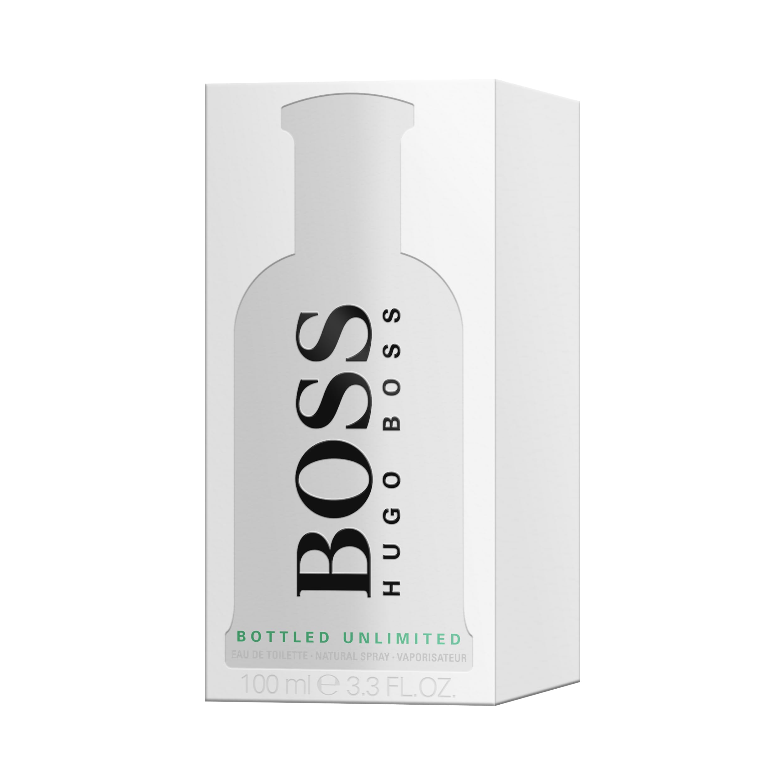 Boss Bottled Unlimited 100ml by Mumzar packaged in a white box with black and green text
