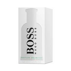 Boss Bottled Unlimited 100ml by Mumzar packaged in a white box with black and green text