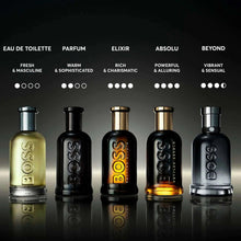Collection of Absolu fragrance bottles in dark glass with gold caps