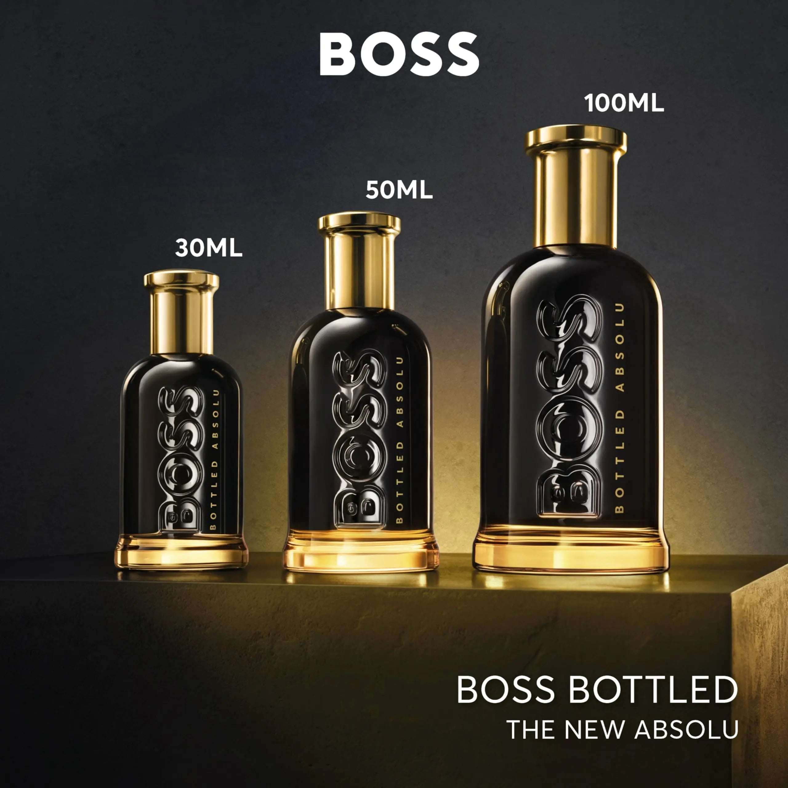 Hugo Boss Bottled Absolute Parfum for men displayed in 30ml, 50ml, and 100ml bottle sizes on a dark background