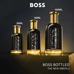 Hugo Boss Bottled Absolute Parfum for men displayed in 30ml, 50ml, and 100ml bottle sizes on a dark background