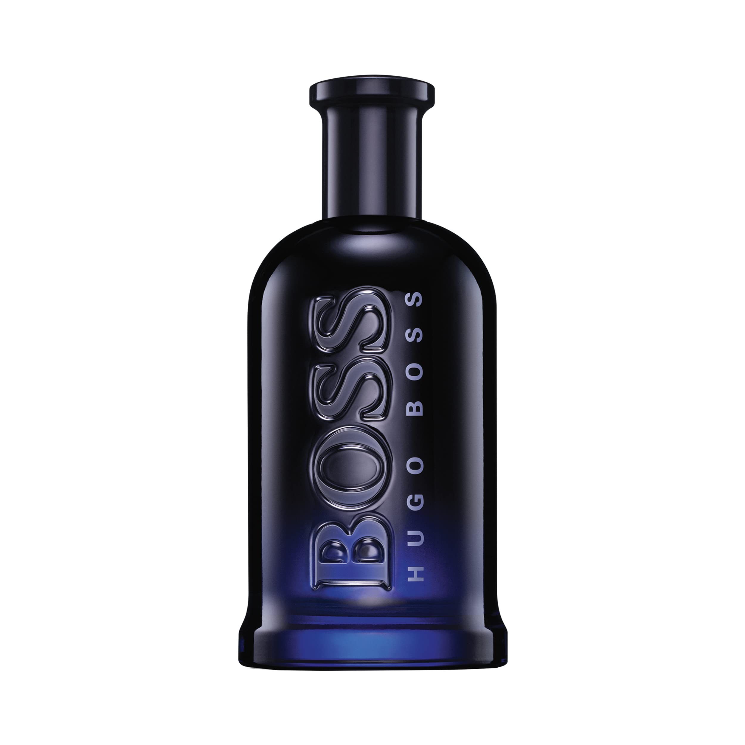 Hugo Boss Bottled Night for men cologne bottle in dark blue with embossed BOSS logo