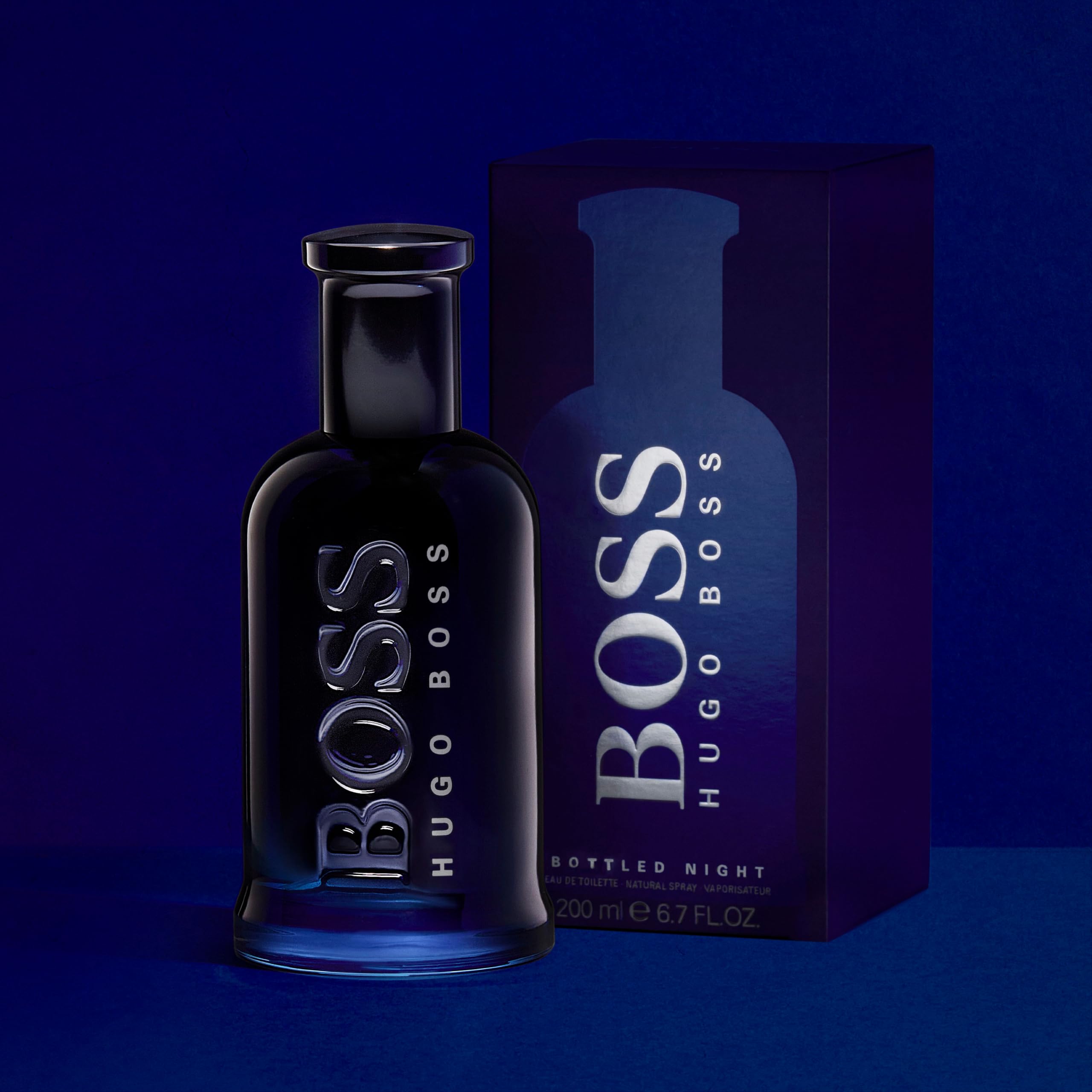 Hugo Boss Eau De Toilette 100ml price showing sleek black and blue bottle with matching box