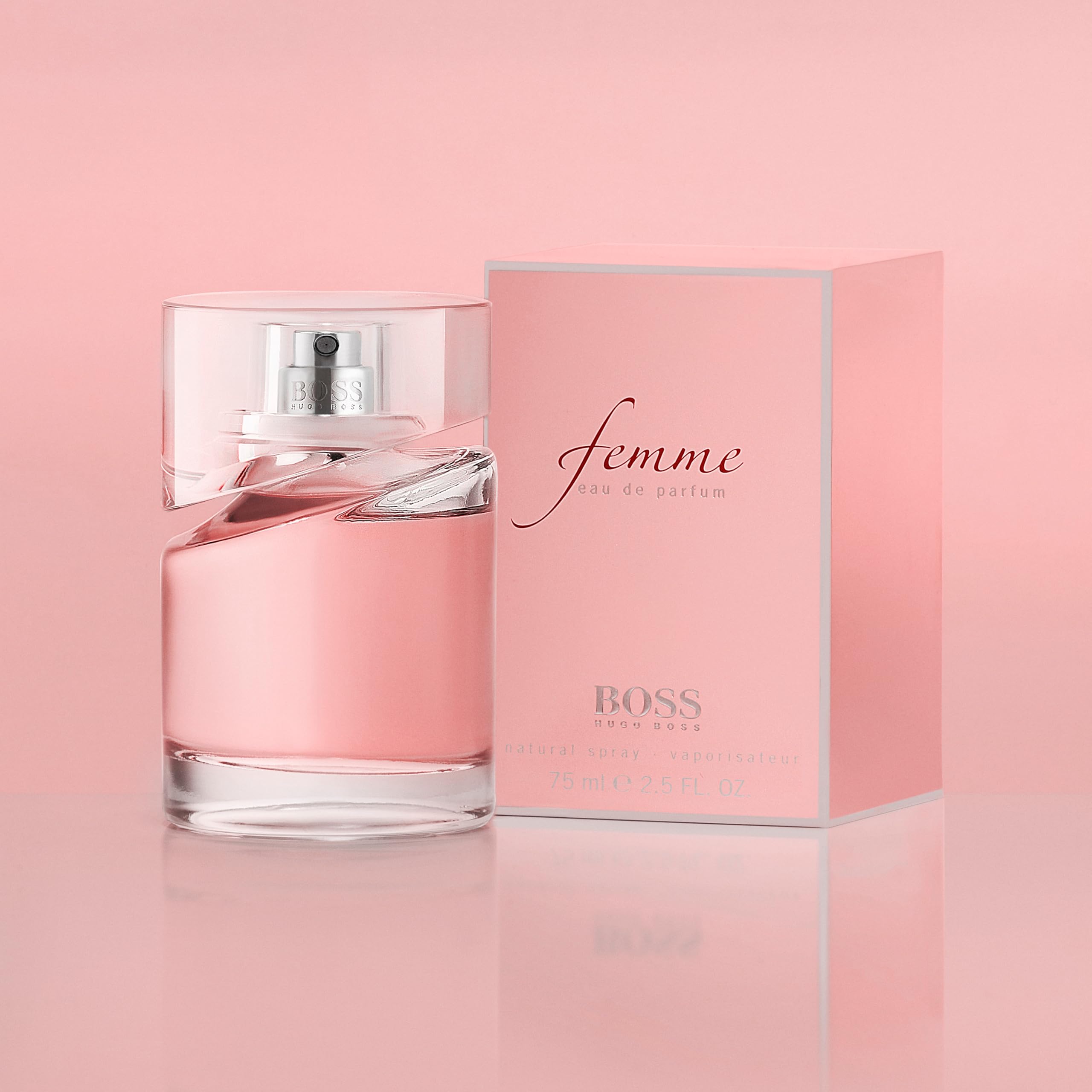 Hugo Boss Femme perfume bottle and pink packaging by Mumzar on pink background