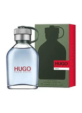 HUGO perfume bottle with silver ridged cap, dark green cord, and green/red box