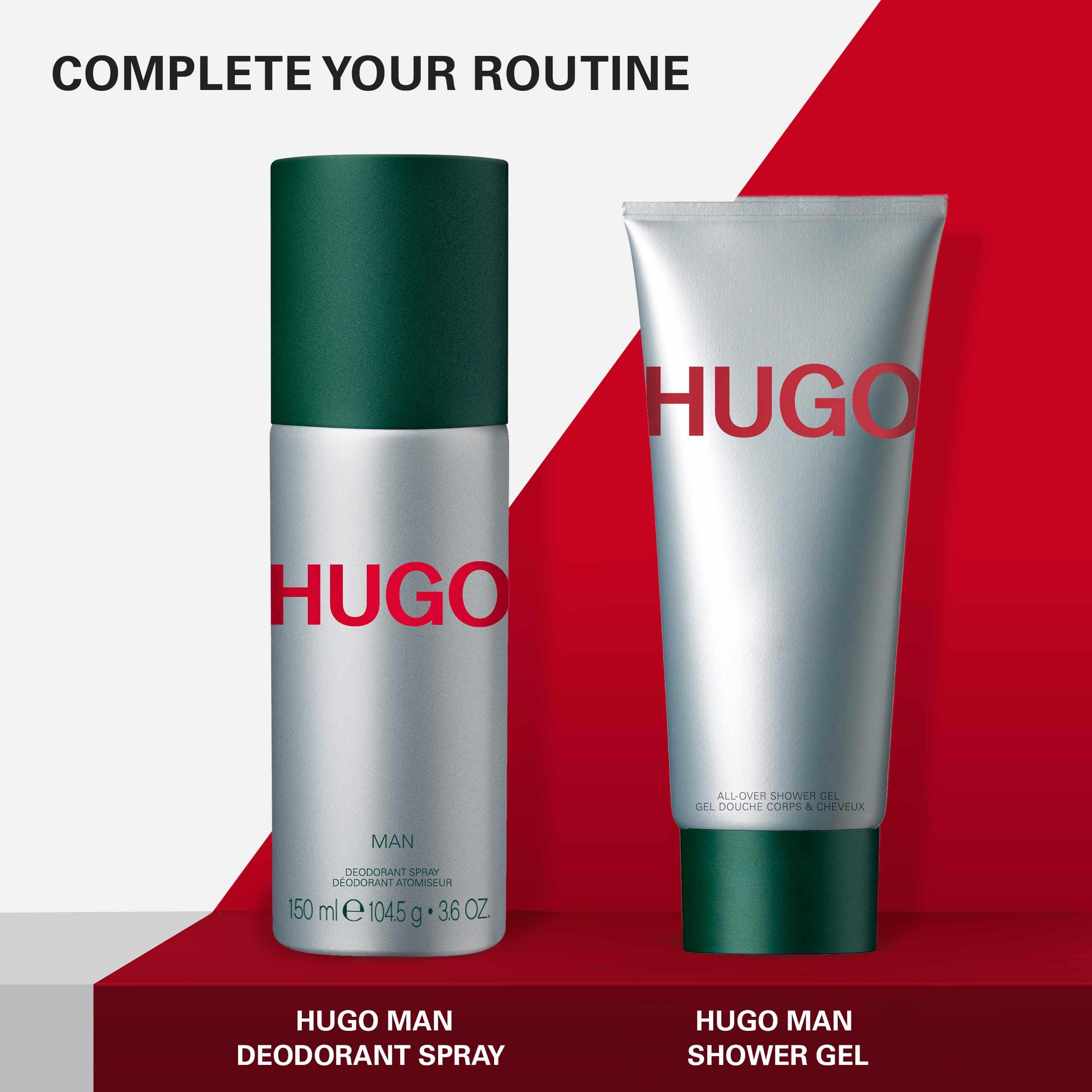 Hugo Boss HUGO Man deodorant stick alongside HUGO Man deodorant spray and shower gel for complete grooming routine