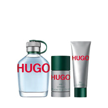 HUGO Man deodorant stick with green cap and silver base, shown with matching tube