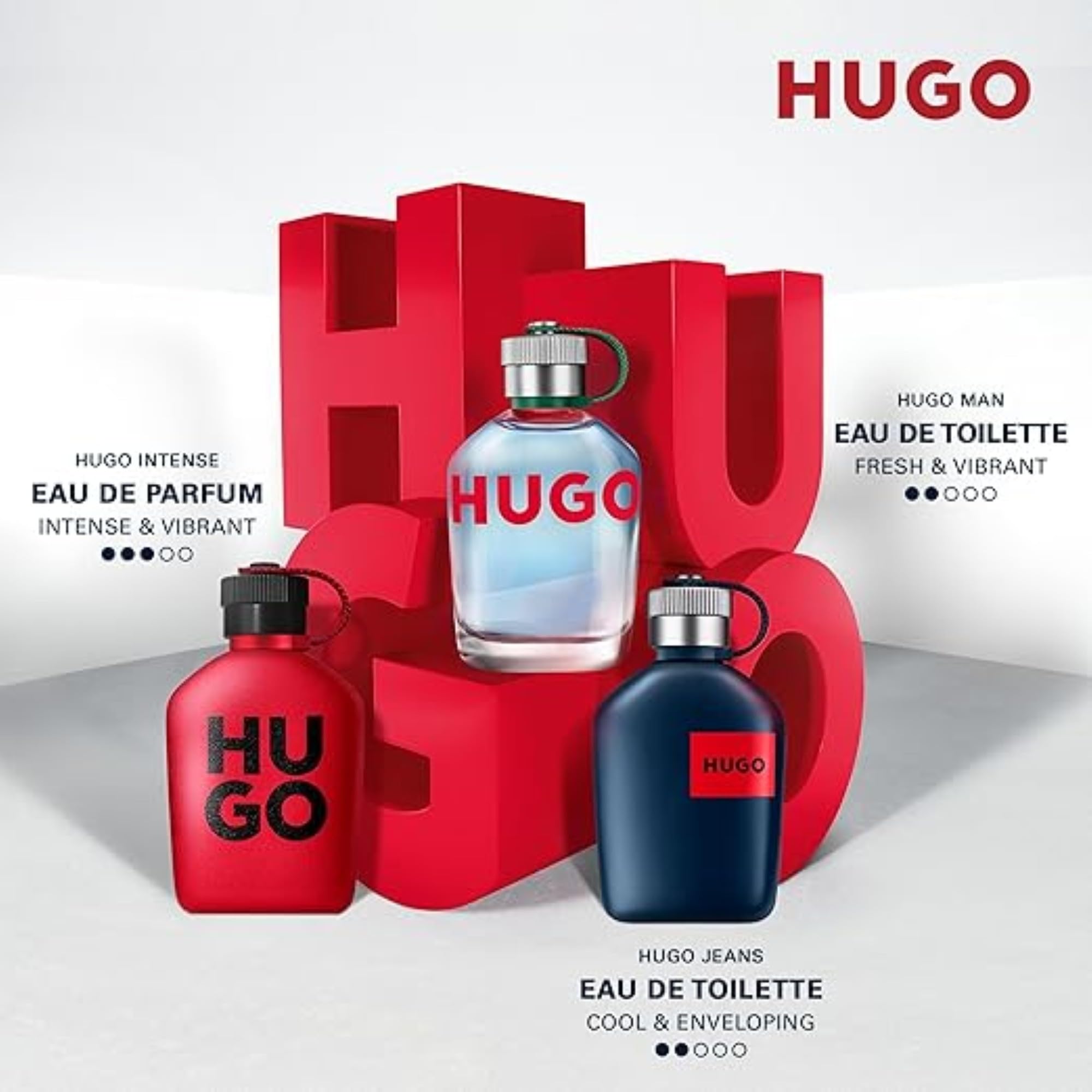 Hugo Boss Hugo Man Eau de Toilette 200ml surrounded by other Hugo fragrance bottles in vibrant display