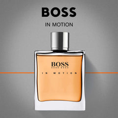 Hugo Boss In Motion for men perfume bottle with amber liquid and silver cap on gray background