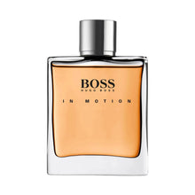Men's fragrance bottle with amber liquid and silver cap, front label showing BOSS IN MOTION.