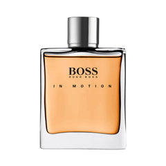 Hugo Boss In Motion for men eau de toilette with amber liquid in clear rectangular glass bottle