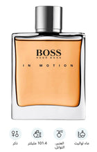 Men's fragrance bottle with amber liquid and silver cap, plus feature icons at the bottom.