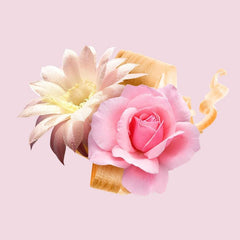 Floral composition with a pink rose, a white flower, and wood curl representing Hugo Boss Ma Vie for women fragrance