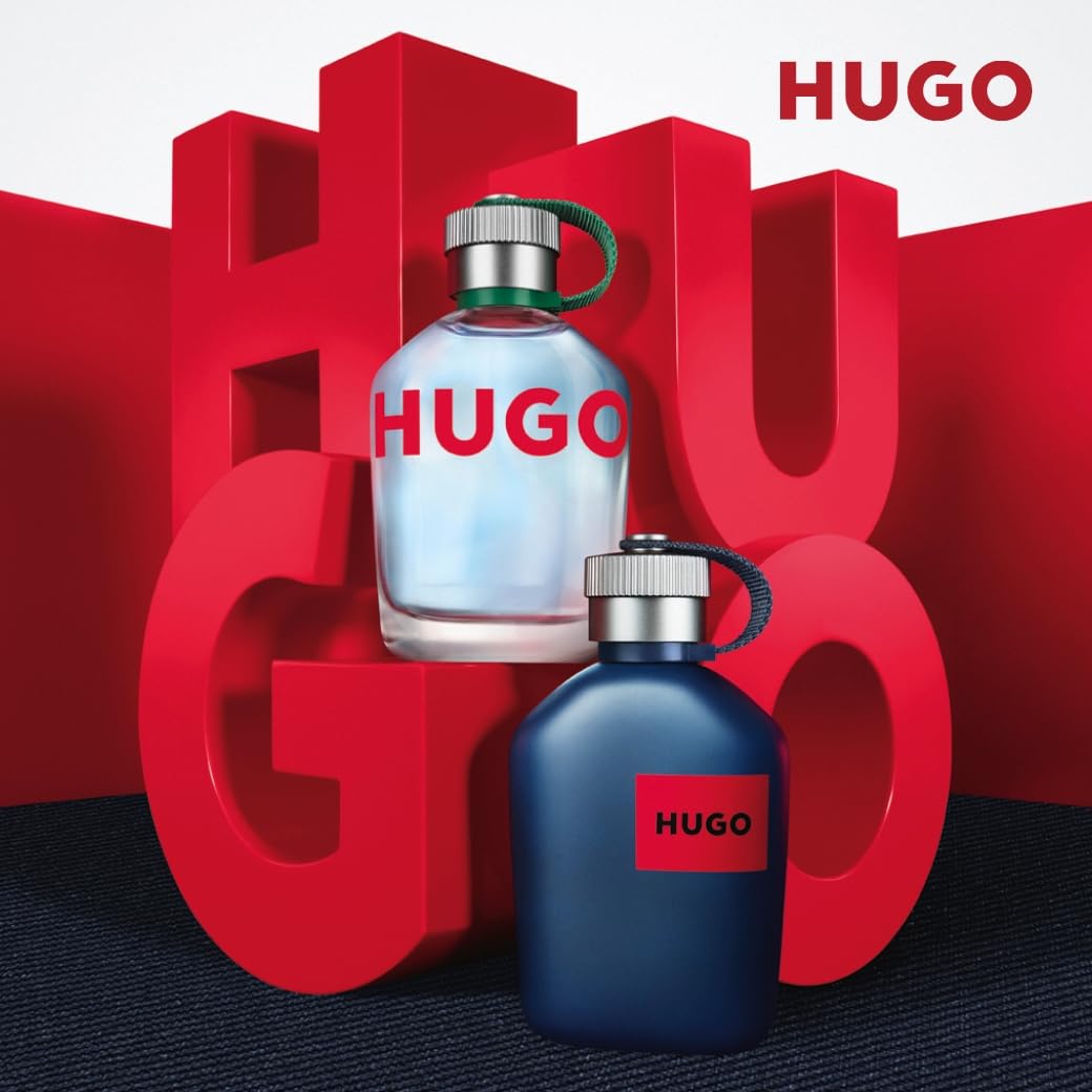 Hugo Boss Man fragrance for men displayed in clear and dark blue bottles with bold red Hugo branding
