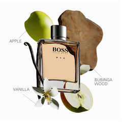 Hugo Boss Orange for men perfume bottle with apple, vanilla flower, and bubinga wood scent notes