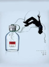 Eau de toilette bottle with silver cap and green loop, with spray droplets and silhouette