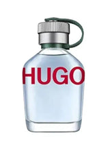 Clear eau de toilette bottle with silver cap, green loop, red Hugo logo, 200 ml