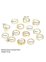 Gold-tone 14-piece ring set with pearl and braided details, shown with ring sizes