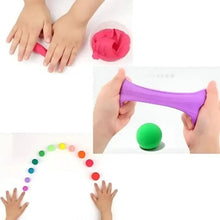 Hands shaping pink modeling clay and holding a purple rolling tool