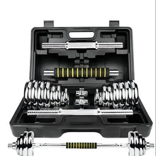 Dumbbell and barbell combo set in black case with chrome plates and barbell