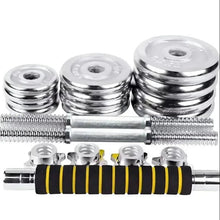 Adjustable barbell with stacked chrome plates and black grip bands with yellow lines