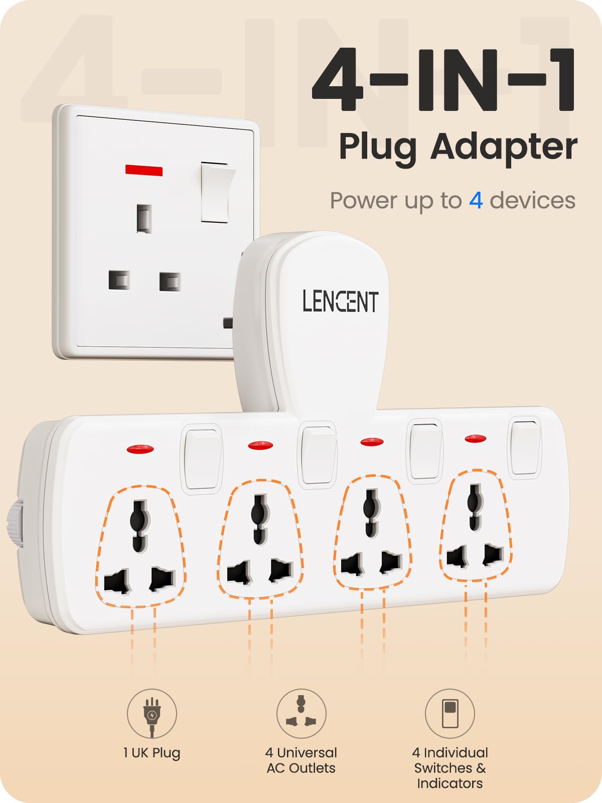 Huitich 4 Way Universal Outlet Adapter Plug with Switch - Mumzar