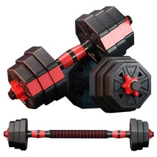 Adjustable dumbbell with textured black end weights and red-striped central bar