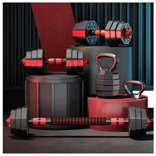 Barbell and dumbbell set with red-striped handles plus two kettlebell-style weights