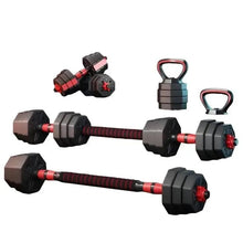 Adjustable weight set with dumbbell bar and kettlebell handles, black and red