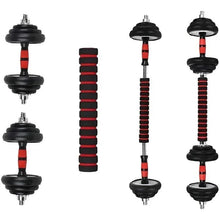 Stacked weight rods and end plates, adjustable dumbbells with black and red accents