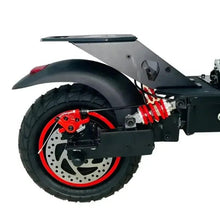 Long-range electric scooter with seat, black rear fender and shock with red accents