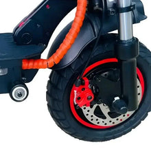 Long-range electric scooter with seat, black frame and red rim front wheel