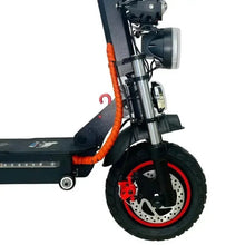 Long-range electric scooter with seat, orange cable and front disk brake wheel