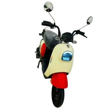 Electric scooter front view with cream headlight panel, red fender, and twin mirrors