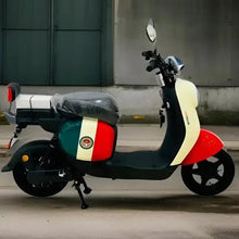 Electric scooter side view with cream front, red rear fender, and black body panels