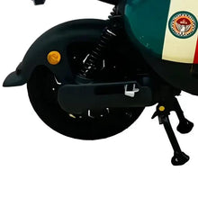 Electric scooter front wheel and suspension with black tire and teal body panel