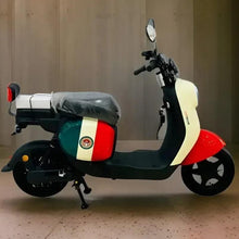 Electric scooter side profile with cream front fairing, red rear fender, and black seat