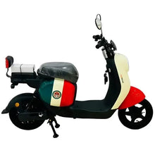 Electric adult scooter with cream front fairing, red rear panel, and black body