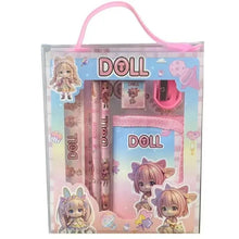 Doll-themed stationery set package with pink handle, pencils, and doll character designs