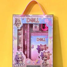 Doll-themed stationery set package with 'DOLL' text, pink pencil, and doll character art