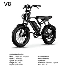 Electric fat-tire bike with rear rack, thick tires, and disc brakes
