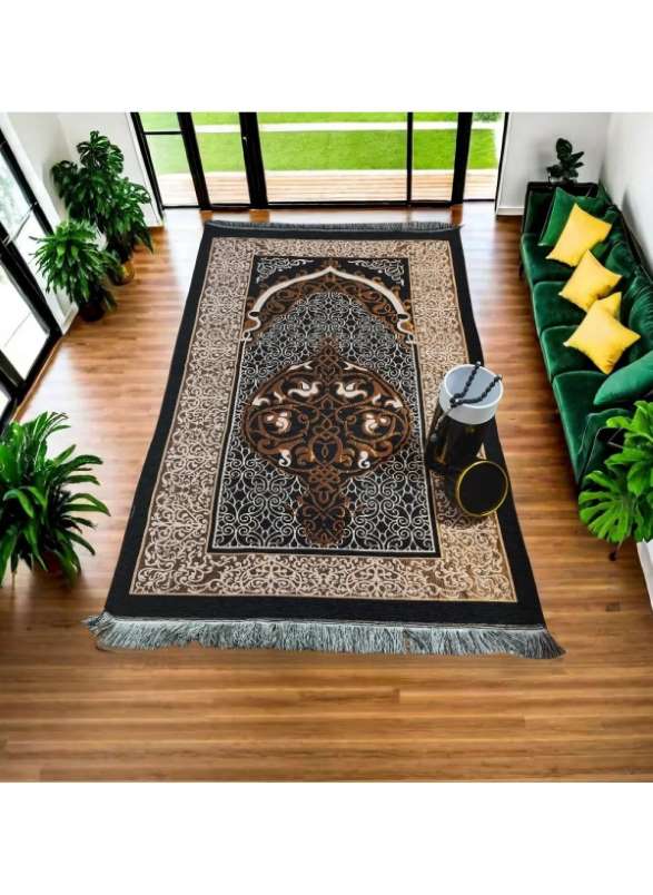 Huitich Black Embroidered Prayer Mat Set with Tasbih - Mumzar
