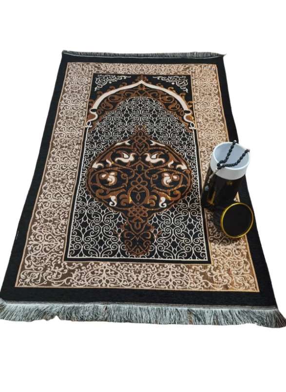 Huitich Black Embroidered Prayer Mat Set with Tasbih - Mumzar