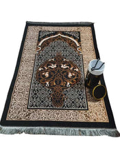 Huitich Black Embroidered Prayer Mat Set with Tasbih - Mumzar