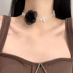 Huitich Black Rose Pearl Choker Necklace Elegant Design - Mumzar