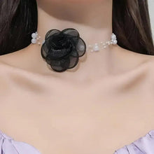 Black organza flower pearl choker on beaded chain