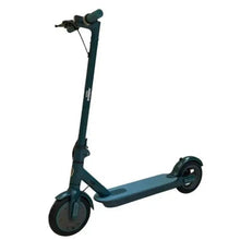 Blue electric ride-on scooter with front wheel and kickstand