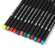 Fine tip color pens with colored end caps on black barrels