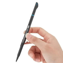Fine tip color pen with black barrel and teal stripe, held in hand