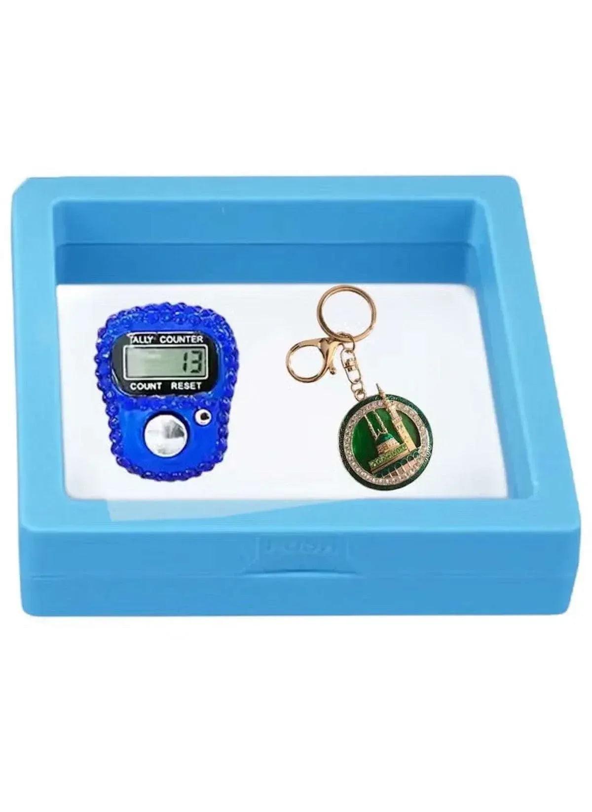 Light blue digital tasbeeh counter set with beaded counter and round keychain charm.